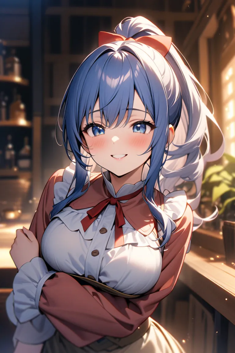  Gold　tall ponytail　大きなblueリボン　Beautiful Girl　smile　 bright　blouse　 Long Sleeve　red ribbon tie　blue　fantasy style　Being petted　　Beautiful Girl一人　highest quality