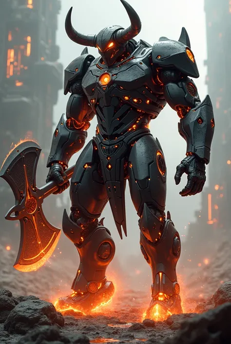 A futuristic angry robot minotaur with dark metal armor burning inside, with lava coming out of your body, big arms And a giant axe 