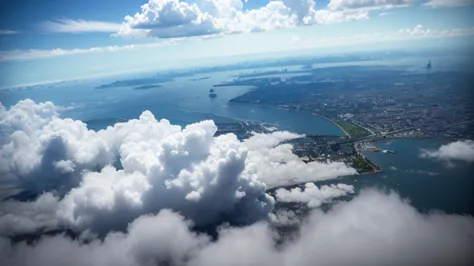 some floating Cities, over clouds, floating view, long shot