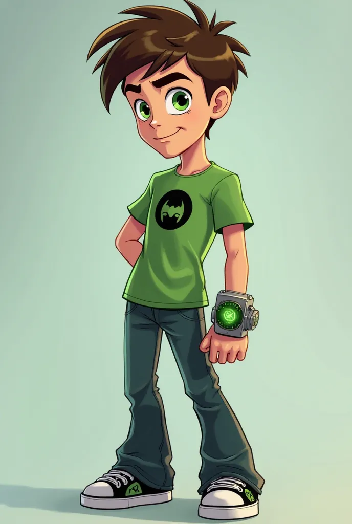 "Imagine Ben Tennyson, the character from 'Ben 10,' as a real person in live-action style. He is a 15-year-old ager with short, messy dark brown hair. His face is youthful, with light, expressive features, showcasing green eyes and thick eyebrows. He has f...