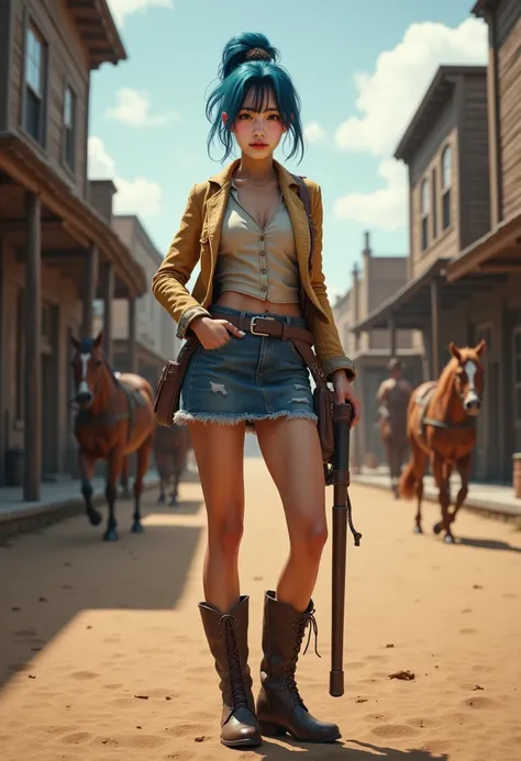 A 20-year-old girl with Asian features, with her blue hair tied up, is dressed like a cowgirl, with a skirt, a jacket and short boots. The image is from the front focusing on the thin girl, who does the pose of Jhon Marston from red red rede. Behind her se...