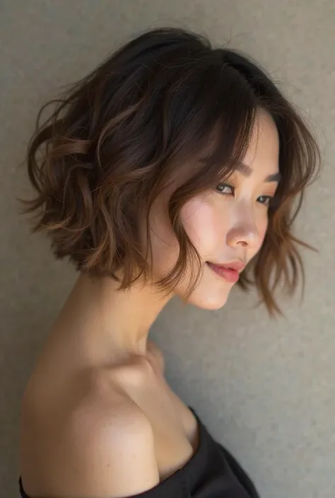 Hairstyle photos「Portrait of a woman with a profile。Her hair is in short cuts、A style with natural flow。Highlights are applied in an elegant manner、that shines softly with the amount of light。The background is in a calm neutral color、Overall sophisticated ...