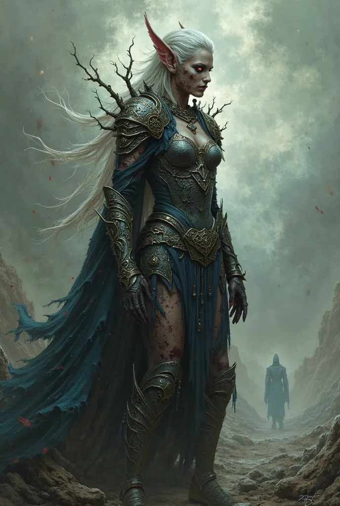 Elf in armor suffering from a curse that necrotizes part of her skin 