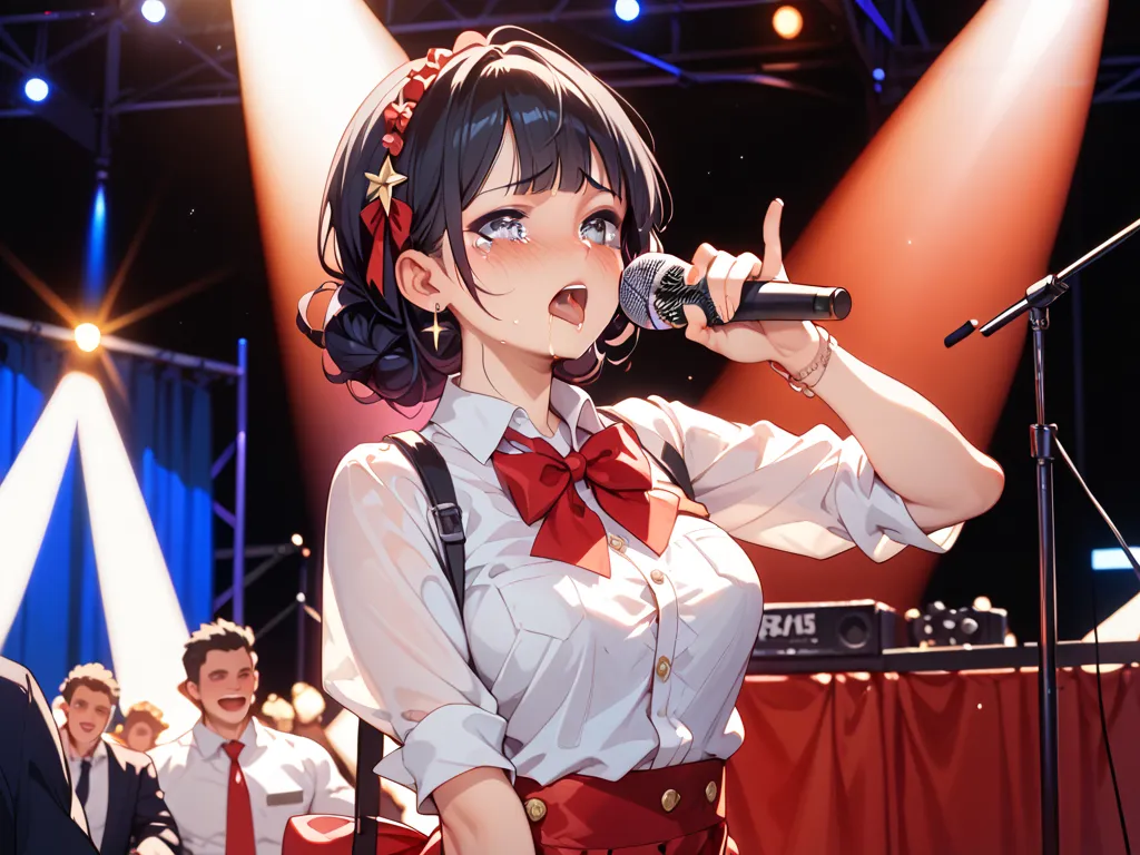 idol during concert masturbates with vibrator on stage、 small tits、holding a microphone with one hand、 masturbating with one hand 、 black hair、Estrus、 shirtless、with her boobs bare、Crying with embarrassment、humiliation、Shame、big vibrator 、 top、illuminated ...