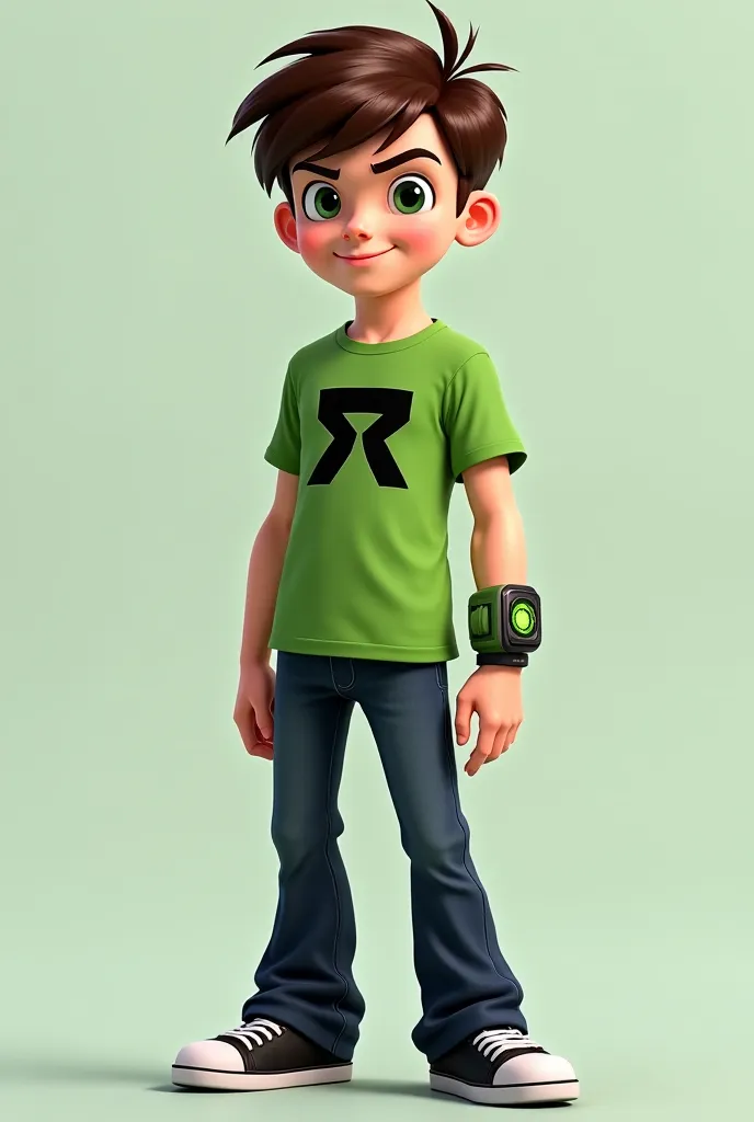 "Imagine Ben Tennyson, the character from 'Ben 10,' as a real person in live-action style. He is a 15-year-old ager with short, messy dark brown hair. His face is youthful, with light, expressive features, showcasing green eyes and thick eyebrows. He has f...