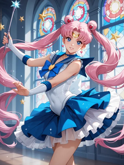 Sailor Moon in a ballet pose, her classic yellow and blue sailor uniform fused with a ballet tutu, holding a star-tipped moon wand with a pink, heart-shaped light effect at the tip, nine-heads-tall body proportion showcasing a CLAMP-style slender physique,...