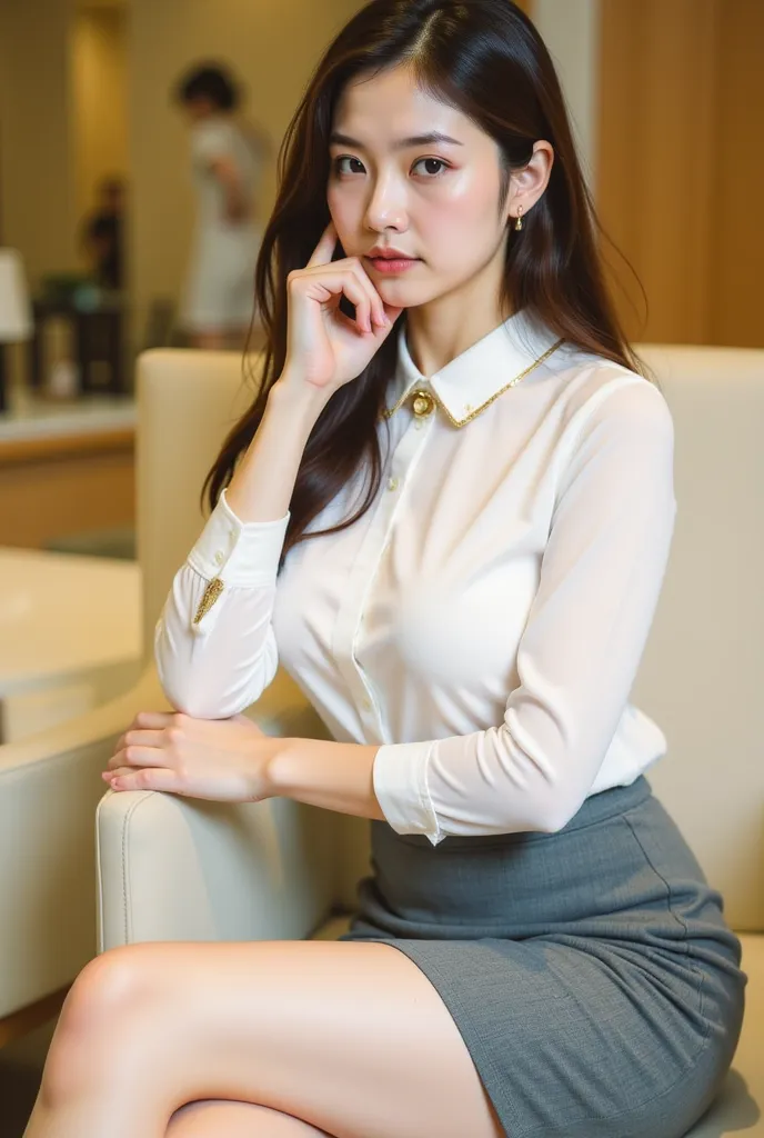 a young woman seated on a light-colored chair in an indoor setting, likely an office or lounge. She has long, dark hair styled neatly, and her expression is poised and confident. She is dressed in a professional yet stylish outfit, consisting of a white bl...