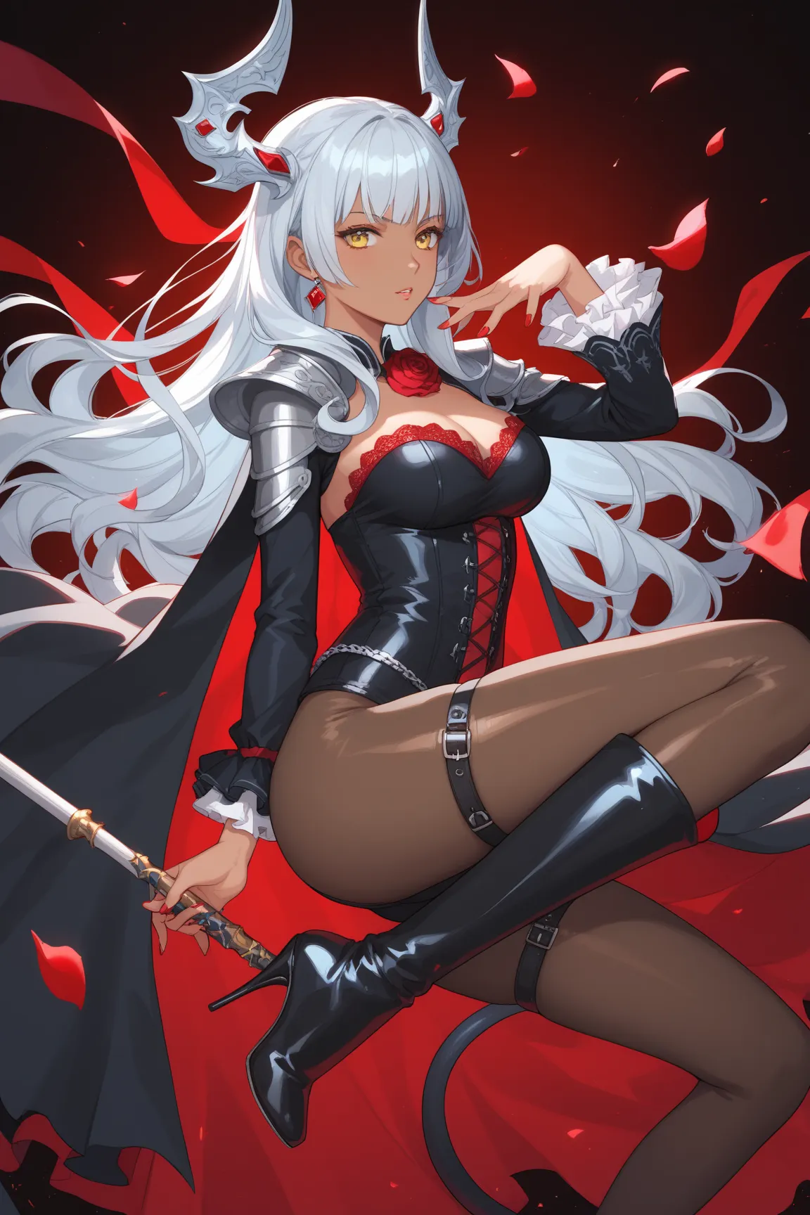 A gothic fantasy female character dressed in an intricate black ensemble with silver accents and deep red rose embellishments.  dark skin,  long hair, blue hair, beautiful face, yellow eyes, The outfit features a high-neck, form-fitting bodysuit with elega...