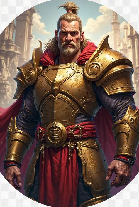 A powerful and legendary warrior avatar designed for a circular format, inspired by Rise of Kingdoms. The character has a strong, battle-hardened appearance with detailed golden and red armor, a heroic stance, and a commanding presence. The perspective is ...