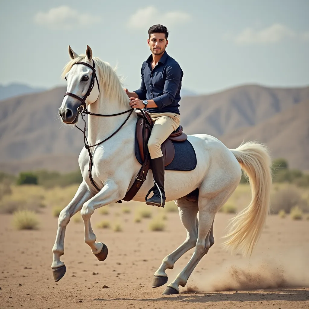 a handsome young man with a personality wearing a navy shirt and beige pants looking at the viewer directly ,A very beautiful white Arabian horse rides, . The horse rises and raises its front legs high , The image is lateral and complete, A close-up of a y...