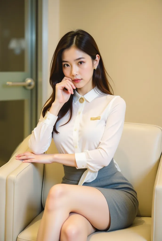 a young woman seated on a light-colored chair in an indoor setting, likely an office or lounge. She has long, dark hair styled neatly, and her expression is poised and confident. She is dressed in a professional yet stylish outfit, consisting of a white bl...