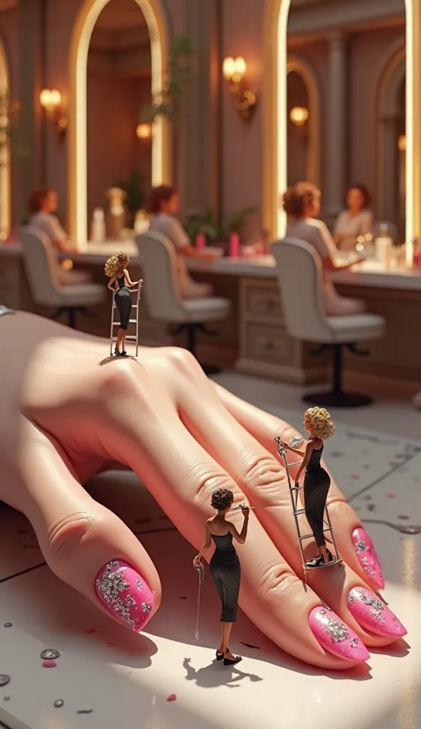 A gigantic, hyperrealistic hand with beautifully sculpted acrylic nails rests on the floor of an elegant beauty salon with depth of field. the nail has a smooth, shiny finish that reflects the warm lighting of the salon. petite dominican manicurists,  with...