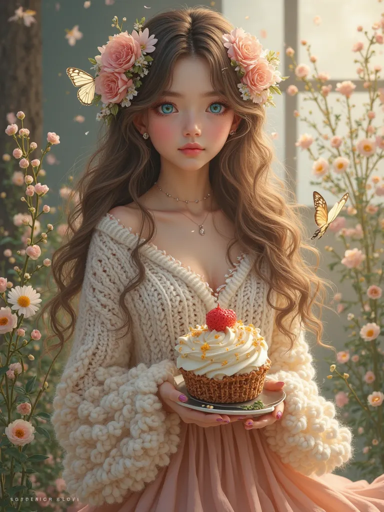 blue eyes, brown-haired in sweaters or long skirts, Flower clasp and cute butterfly are the most beautiful dessert