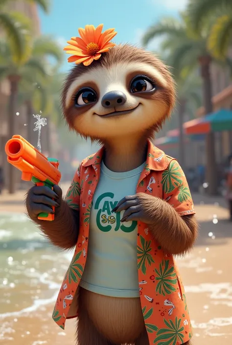 I want a of the cute female cartoon Sloths in Zootopia cartoon with a cute face. Sloths wearing T-shirt that features the letters "Pay69." on the inside, along with a Hawaiian shirt as an outer jacket. This Sloths enjoying the Songkran water festival in Th...