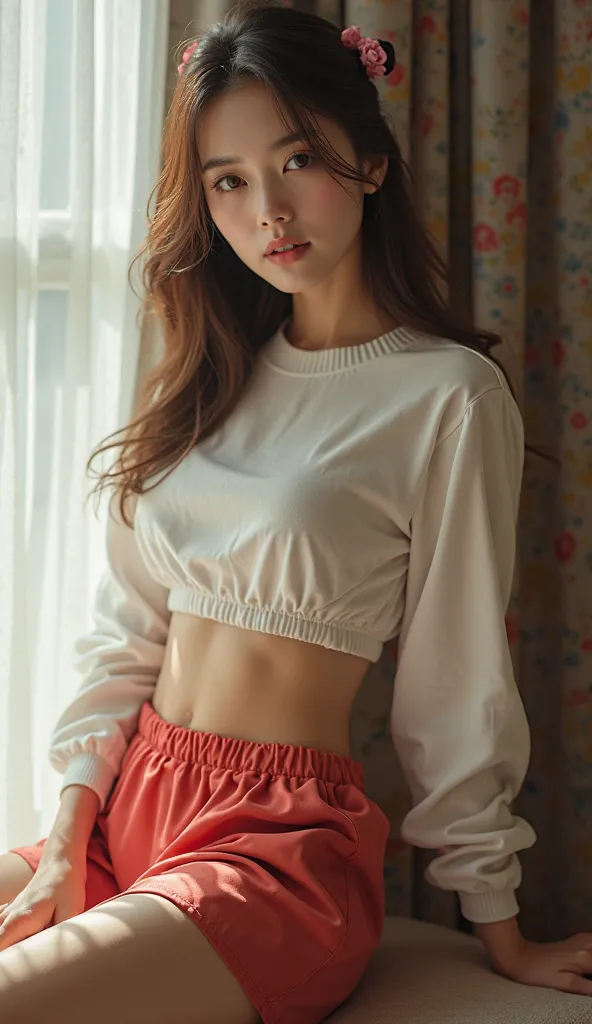 high resolution, High profile ,  HD, Very good job., Texture, ยู  HD, correct anatomy, Korean girl wearing a large long-sleeved crop top, revealing her navel and pants, 8k,ultra-detailed, side window sitting realistic image ,physics rendering,Colorful,Prof...