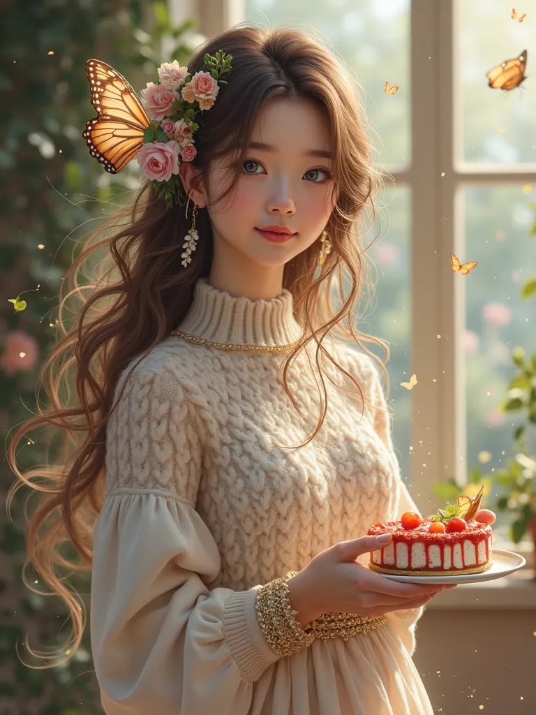 blue eyes, brown-haired in sweaters or long skirts, Flower clasp and cute butterfly are the most beautiful dessert