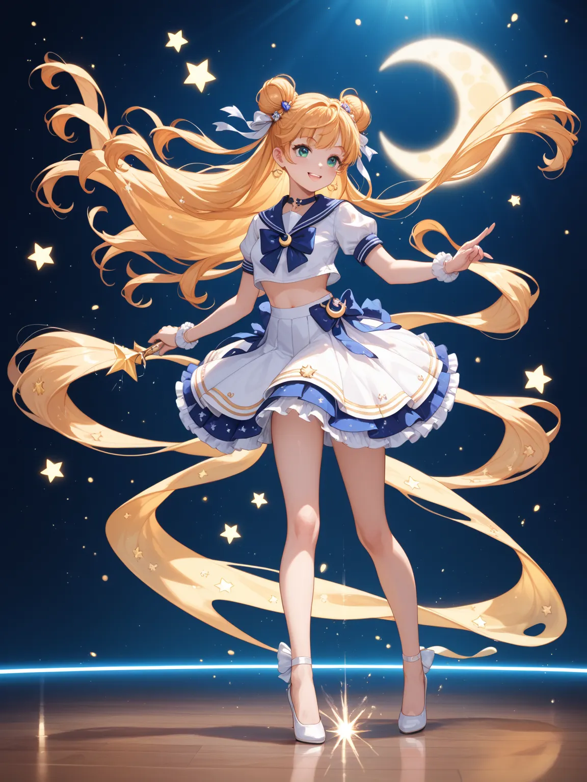 Usagi Tsukino stands en pointe in a ballet pose, her magical wand tracing a heart-shaped trajectory of particle light effects. Her modified Sailor Scout uniform is made of a gradient, lustrous fabric. Her hair buns are adorned with crescent moon hair ornam...