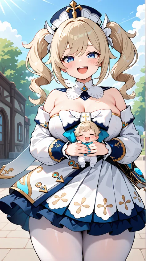  barbara (genshin impact), 1girl, solo, long hair, looking at viewer, blush, laughing, thick thighs, large breasts, blue eyes, blonde hair, long sleeves, bow, bare shoulders, twintails, outdoors, cowboy shot, frills, detached sleeves, white dress, nail pol...