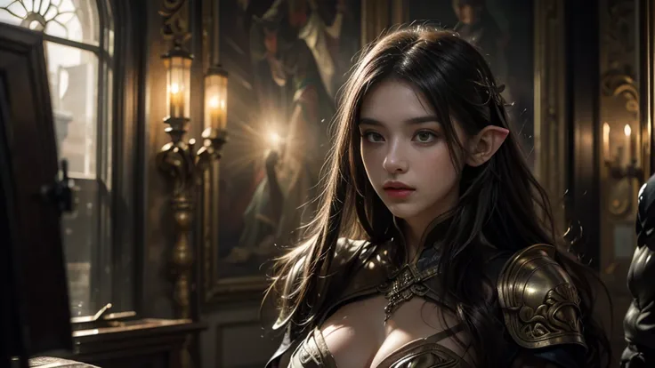  Beautiful portrait of a perfect female elf fighter , Long invisible hair, 完美特征, ( Wearing extremely baroque luxury elf armor ),  Abstract Beauty  , Big breasts ，Almost perfect, Pure Form, dynamic pose,  mysterious background  , (The Dark Side), (Strong ci...