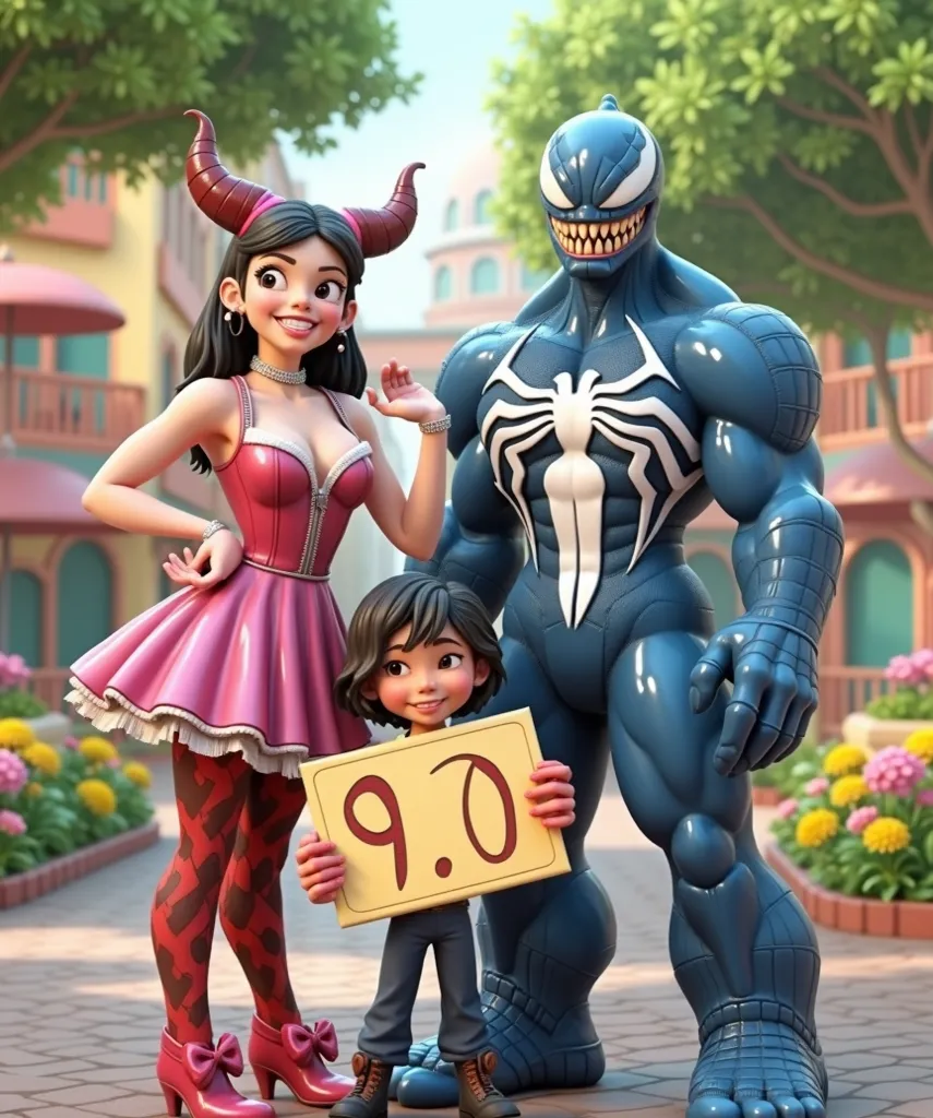 3D scene in Disney style: Venom, transformed into a Spider-Man version, stands beside Arlequina in a vibrant plaza. Both are smiling happily, with Arlequina holding a cheerful sign that reads '9.0'. The camera looks up from below, capturing their joyful ex...