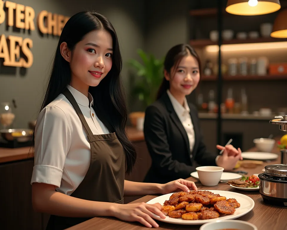 realistic photo A beautiful Asian woman with long black hair wearing a chef's uniform, with a beautiful woman wearing a suit, standing behind the table, looking at the camera, there is a portion of a menu of fried crocodile with soy sauce and chili sauce, ...