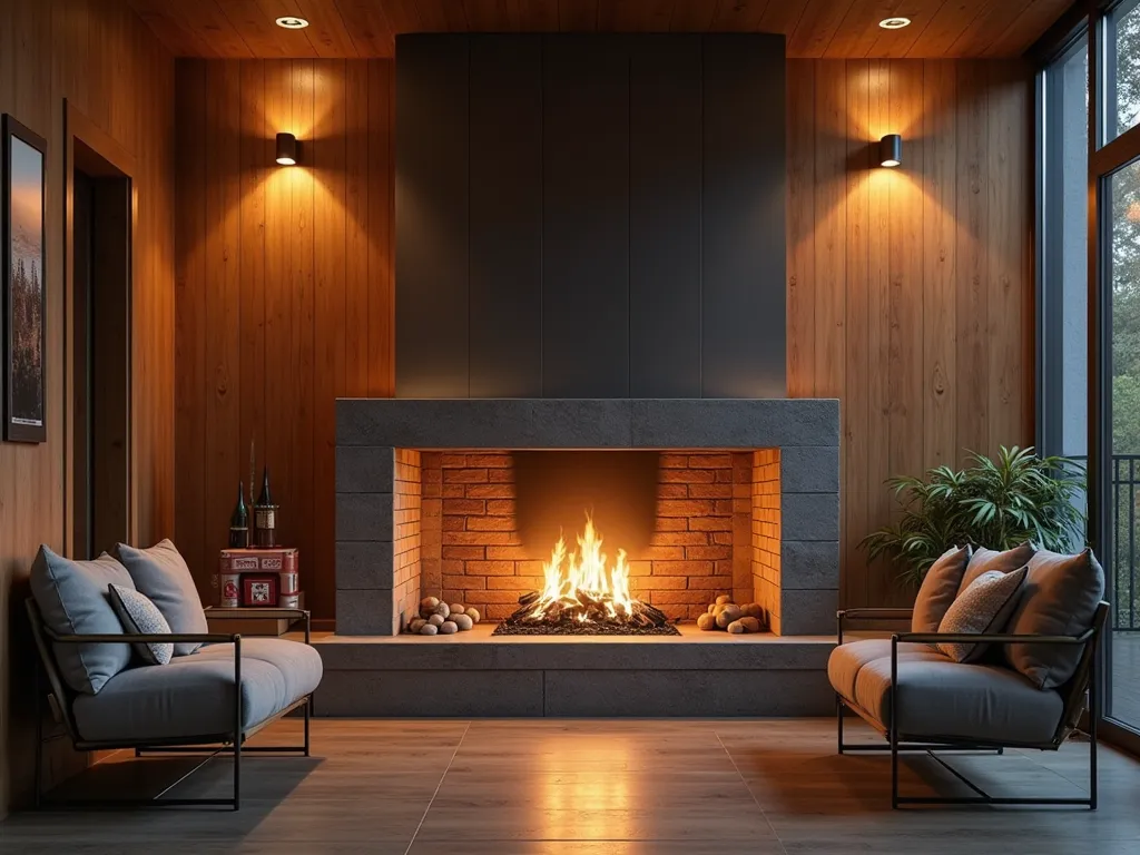 Photo of a cozy interior with a modern fireplace. Emphasize the elegant combination of wood paneling and metallic details surrounding the fireplace. Highlight the warm texture of exposed brick and the soft glow of the flames. Surrounding elements include s...