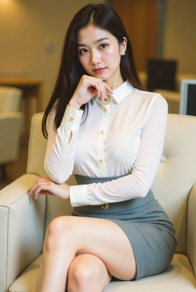 a young woman seated on a light-colored chair in an indoor setting, likely an office or lounge. She has long, dark hair styled neatly, and her expression is poised and confident. She is dressed in a professional yet stylish outfit, consisting of a white bl...