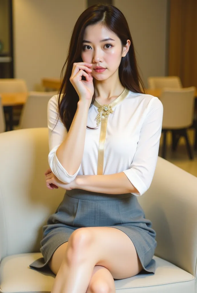 a young woman seated on a light-colored chair in an indoor setting, likely an office or lounge. She has long, dark hair styled neatly, and her expression is poised and confident. She is dressed in a professional yet stylish outfit, consisting of a white bl...