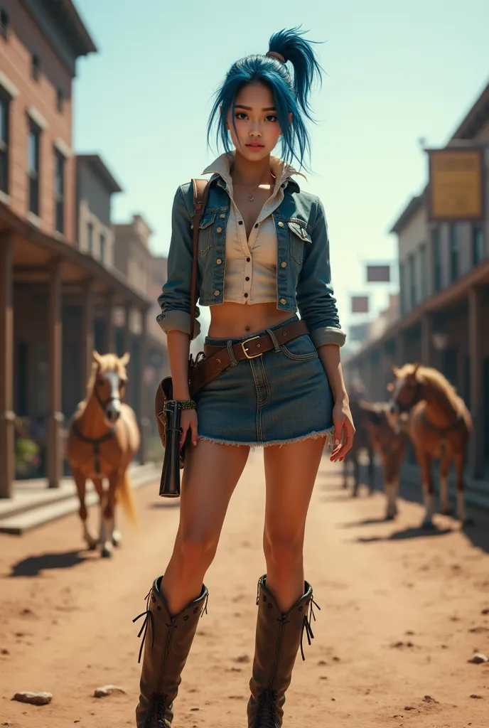 A 20-year-old girl with Asian features, with her blue hair tied up, is dressed like a cowgirl, with a skirt, a jacket and short boots. The image is from the front focusing on the thin girl, who does the pose of Jhon Marston from red red rede. Behind her se...