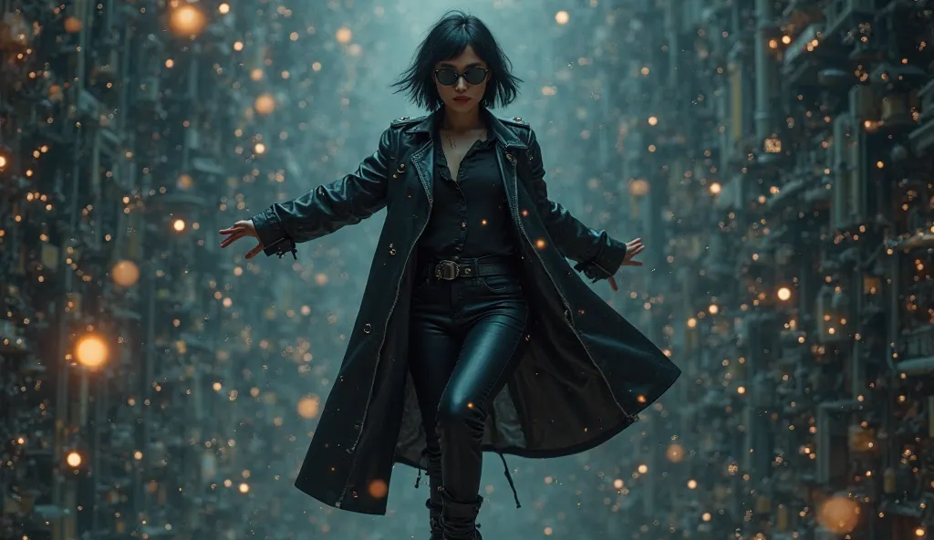 beautiful woman, black short hair, wearing blackleather overcoat,black sunglasses, black shirt and black pants and boots  floating in the air of an space, surrounded by fragments of digital code and stars, cinematic, surreal, cyberpunk.". Show full body. U...