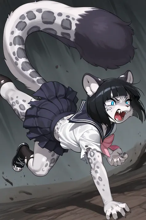 Furry,Kemono,SnowLeopard,girl,torn high school uniform,torn shoes,skirt,evil face,claw marking,((big tail)),black bob cuthair,pounce,wild,Attack,solo