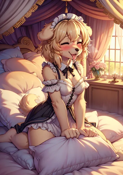 （ masterpiece，Best Quality），, {{masterpiece}}, {highres}, original, extremely detailed 8K wallpaper,，，nature,, (blush),A smile，,（Lots of Pillow），Soft cushion，（mosquito net bed ），，，，（A tail），（Around the protagonist），steam，（Pillow），（LuxuryPillow），，（，（ classi...