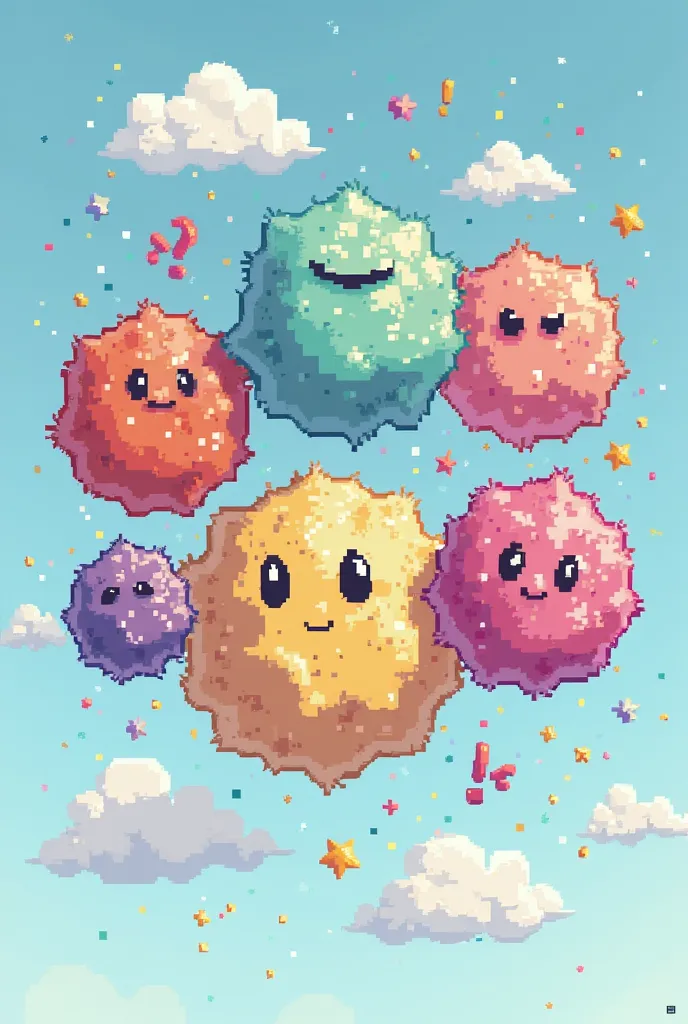 from this information draw an illustration of PuffPals in 2D pixel art style
General description:
 Style : Pixel art 16-bit, like Sonic and Super Mario background in the photo you sent, with small cubes (size of about 8x8 or 16x16 pixels for each section)....