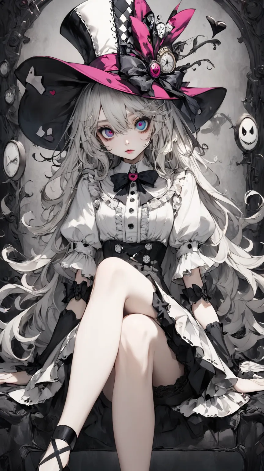 High Quality Textures { x} beautiful and delicate eye details、 nothing 、top quality、Tim Burton Style、Alice wearing a Mad Hatter hat、2D illustration、crossed legs