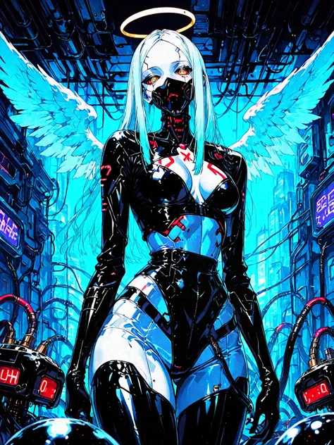 ((foreground)): Angel girl, white skin, white wings ,  latex costume,  robotic circuits , breasts, devices futuristic,   circuits, . Background: cyberpunk city. dark atmosphere.