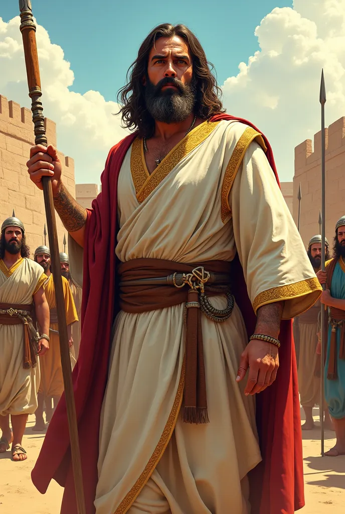 Comic style wallpaper in 4K: Joshua, the biblical leader, depicted in a realistic comic style. He wears a linen tunic with gold edges., reflecting ancient Hebrew clothing. In one hand he holds a shofar (ram&#39;s horn trumpet). Behind him, An Israelite arm...