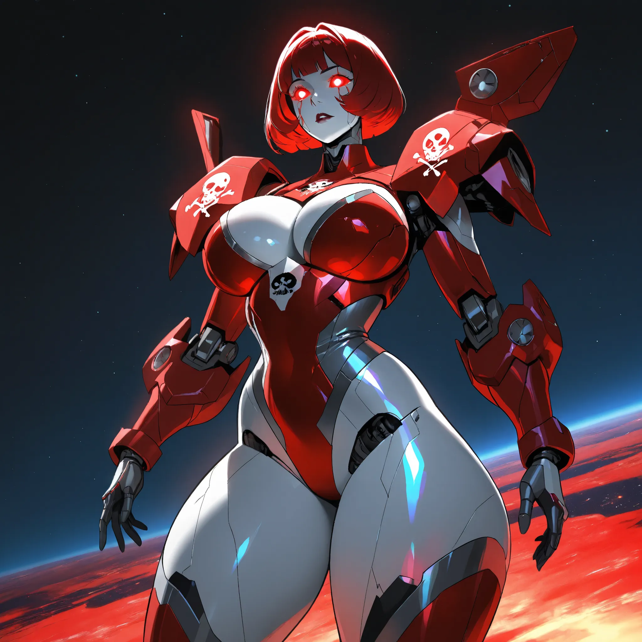 Mathilda, Robotic White skinned woman, Bob cut Bright Red Hair, Large Breast, Voluptuous Build, wide hipped, thick thighs, wearing a Red High Tech Armor, Black Jolly Roger Symbol on Her Chest, iridescent Red glowing glass eyes, standing on Space Dock