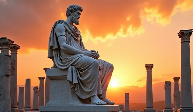 A colossal marble statue of Marcus Aurelius in a meditative stance, surrounded by crumbling columns and ancient ruins. The warm, fiery sunset sky contrasts against the cool white marble, creating a surreal and dramatic effect. The details in his beard and ...