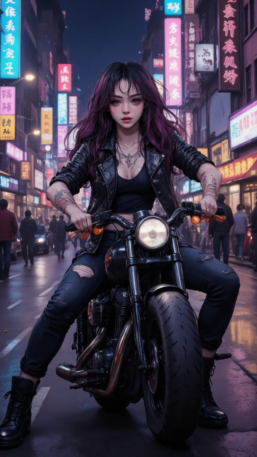 high quality,4K,Extreme Detail,realistic,major,Vivid Color, blurred background , girl,Single,Black Vest,black leather jacket with skull pattern,jeans, black leather boots ,Neck tattoo ,Tattoo,riding on heavy motorcycle, Cyberpunk style ,Dark city backgroun...