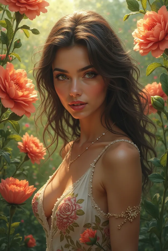 Hot girl image in flower garden 