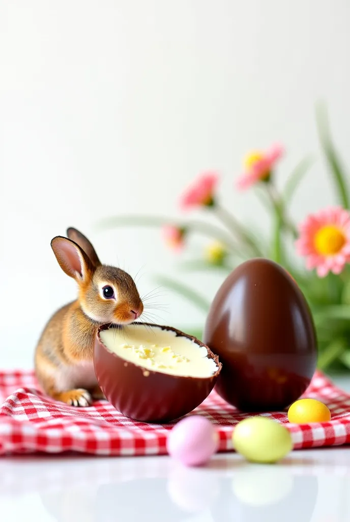 Create a charming Easter scene in Brazilian style, featuring a milk chocolate egg split in half, showing the two halves or with the top broken off, revealing the creamy interior of the egg. Next to the egg, place an adorable and sweet baby bunny sitting on...