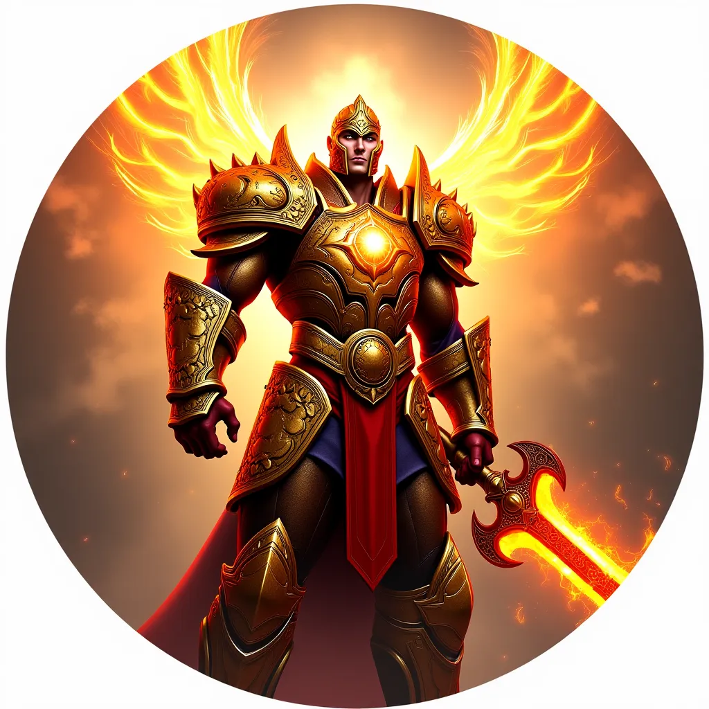 A mighty and legendary warrior avatar designed for a circular format, inspired by Rise of Kingdoms. The character exudes power and dominance, wearing intricately designed golden and red armor that radiates energy and strength. His stance is heroic and comm...