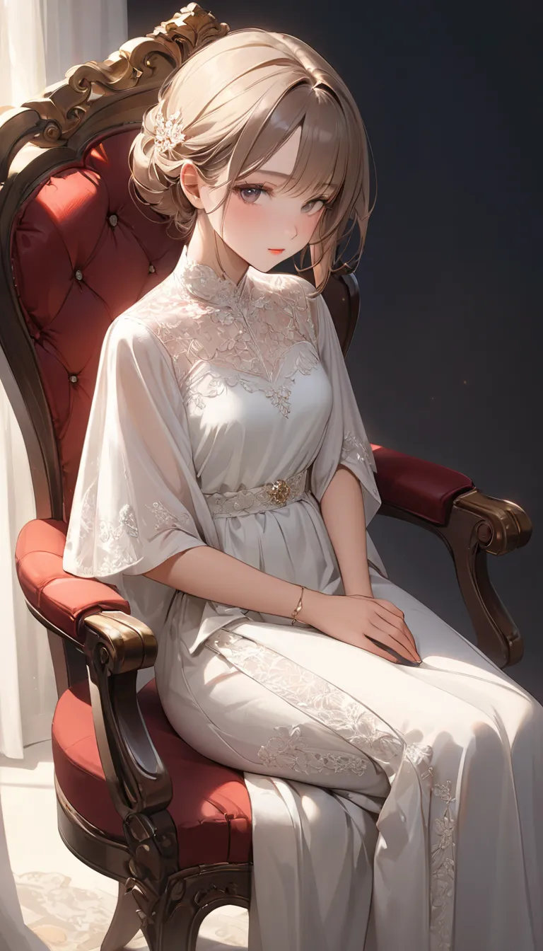 (masterpiece, best quality, ultra-detailed, high-resolution), a young girl wearing a mid-calf length flare skirt , elegant and modest, seated on a chair, relaxed yet graceful, soft folds naturally draping but not touching the floor, hands gently resting on...