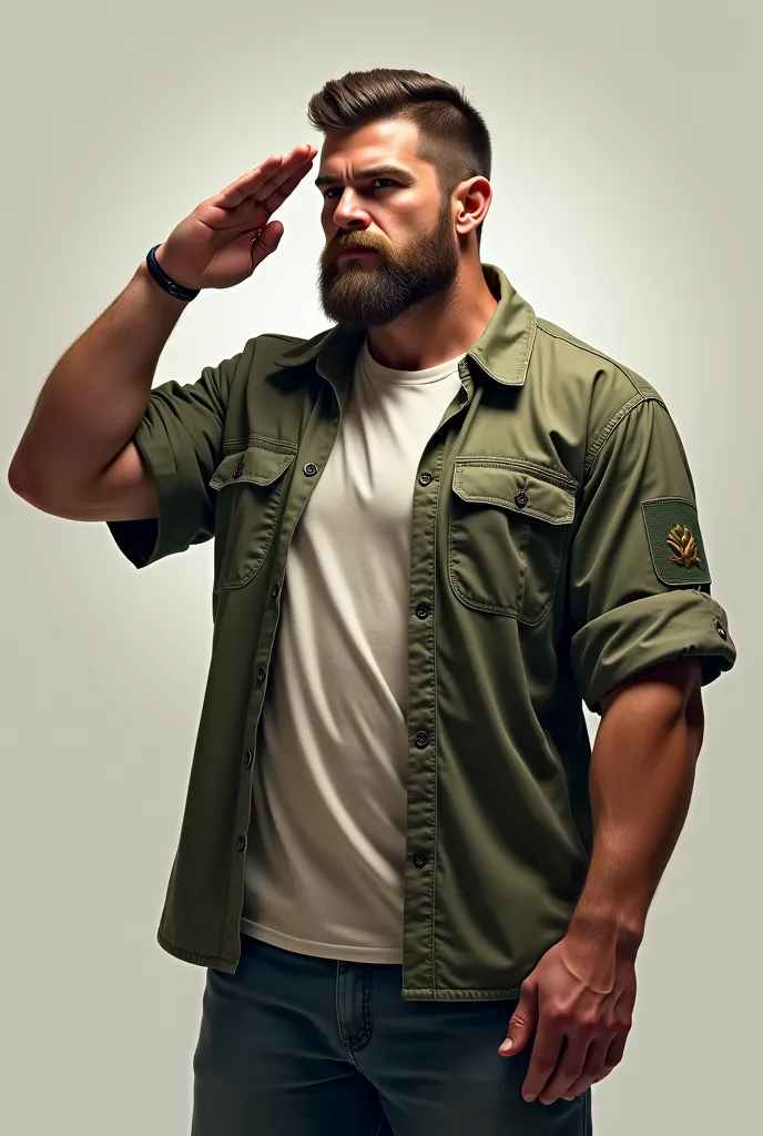 a moderately muscular burly, salute . vision from the side, casual outfit