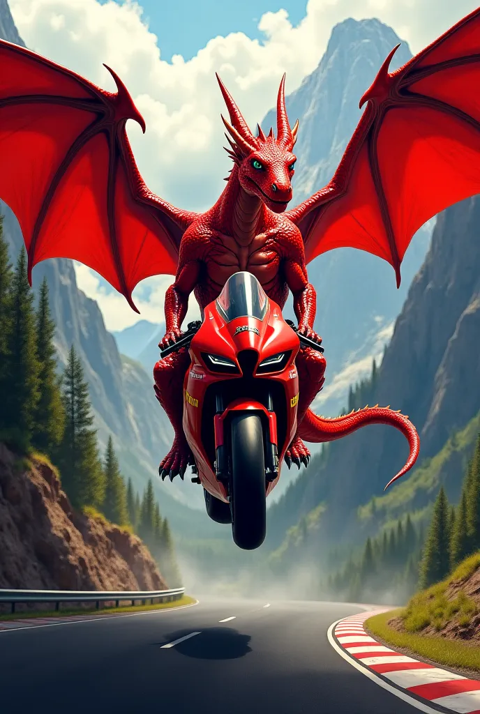 Red male dragon with beautiful dragon wings wearing racing suit riding a red motorcycle on the racing road