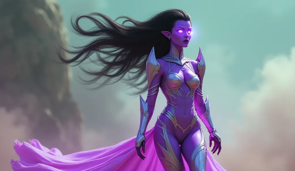 Zilara, an alien goddess with glowing lavender skin, steps from her drop-ship into Vyrath’s swirling dust storm, her silver armor skin-tight and shimmering, hugging her full, bouncy chest that teases the suit’s limits, a wasp-thin waist, and hips so curvy ...