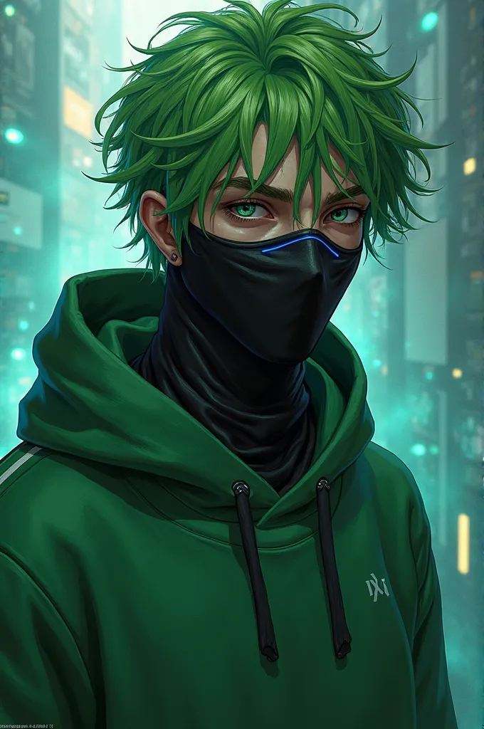 I want a male FF character with a black mask with glasses green hair green sweatshirt with blue