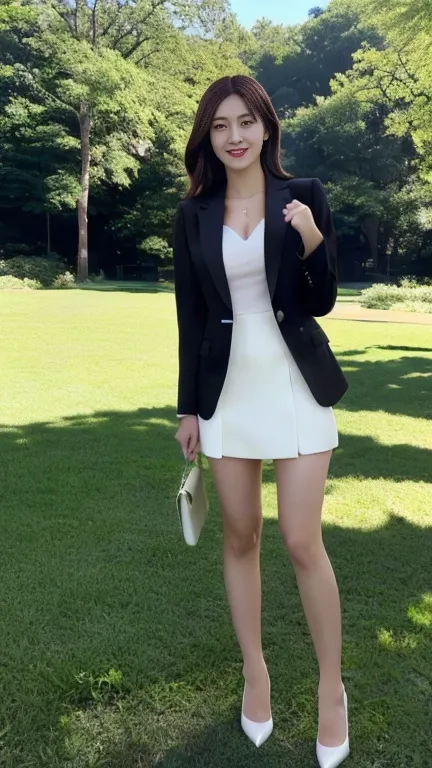 8K, highest resolution, Wore a strict black business suit ,  full body image of a Japanese woman standing ,  full-body image of a Japanese woman in an empty park , wearing a strict white business suit, I'm wearing a white very short skirt, I'm wearing whit...