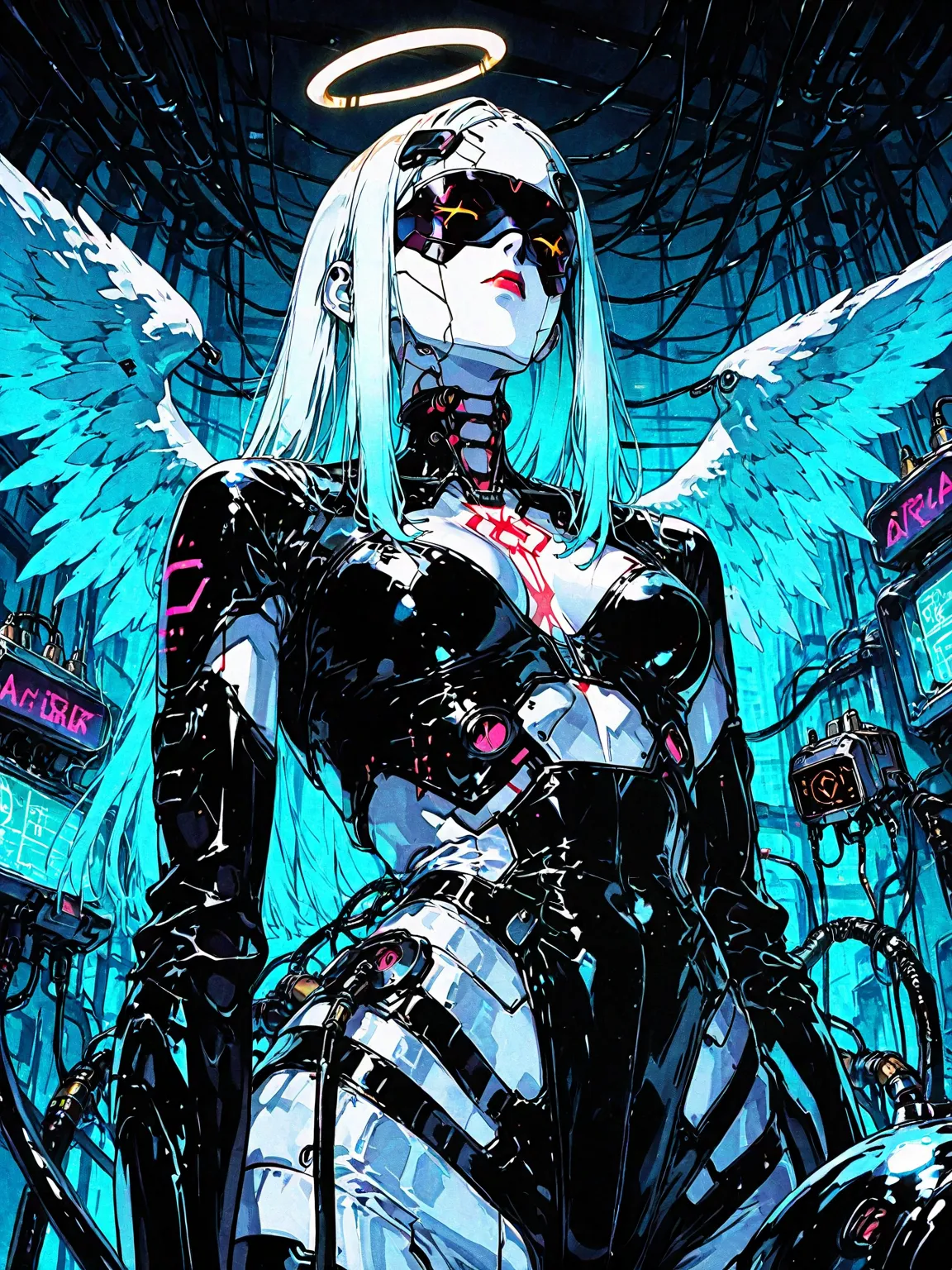 ((foreground))((Flat to face)): Angel girl, white skin, white wings ,  latex costume,  robotic circuits , breasts, devices futuristic,   circuits, . Background: cyberpunk city. dark atmosphere.