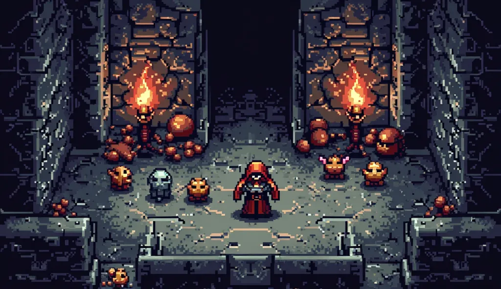 A scene from Diablo reimagined as an 8-bit demake for the NES. The image should have a very low-resolution pixelated style, using a strict NES color palette with dark, muted tones and limited shading. The perspective is top-down, resembling classic NES dun...